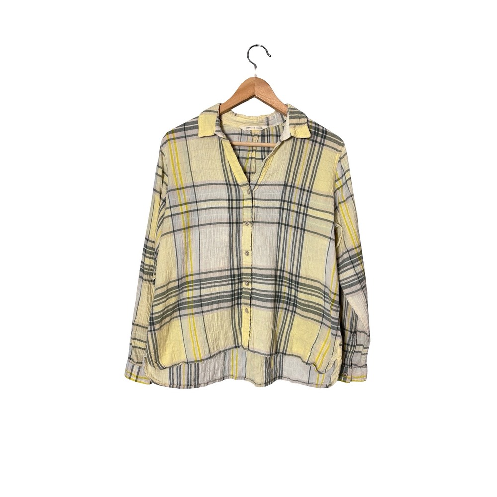 Woolrich Women Large Yellow Grey Plaid Organic Cotton Gauze Button Down Shirt